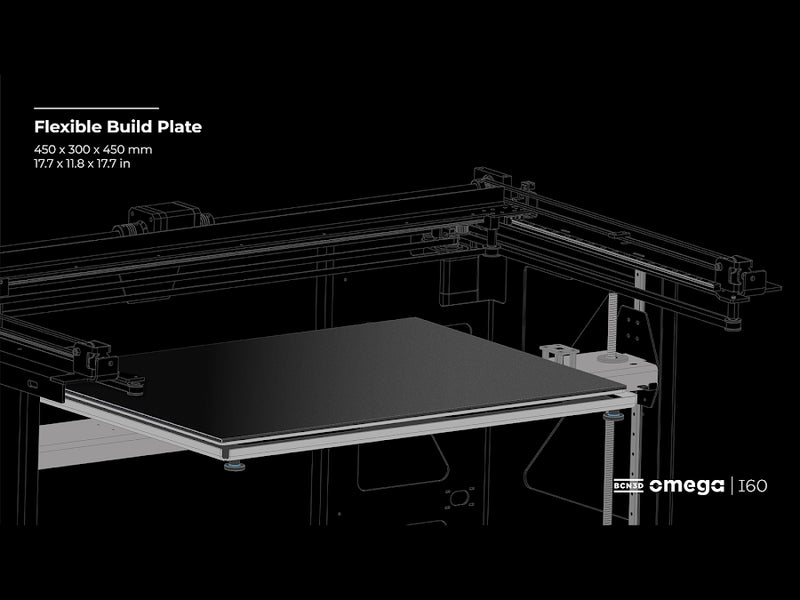 BCN3D Omega I60 3D printer showing 70ºC active heated chamber and large 60L build volume
