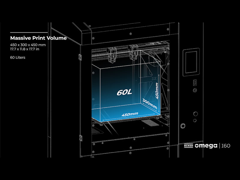 Close-up of BCN3D Omega I60 IDEX dual extruder system for high-speed industrial 3D printing